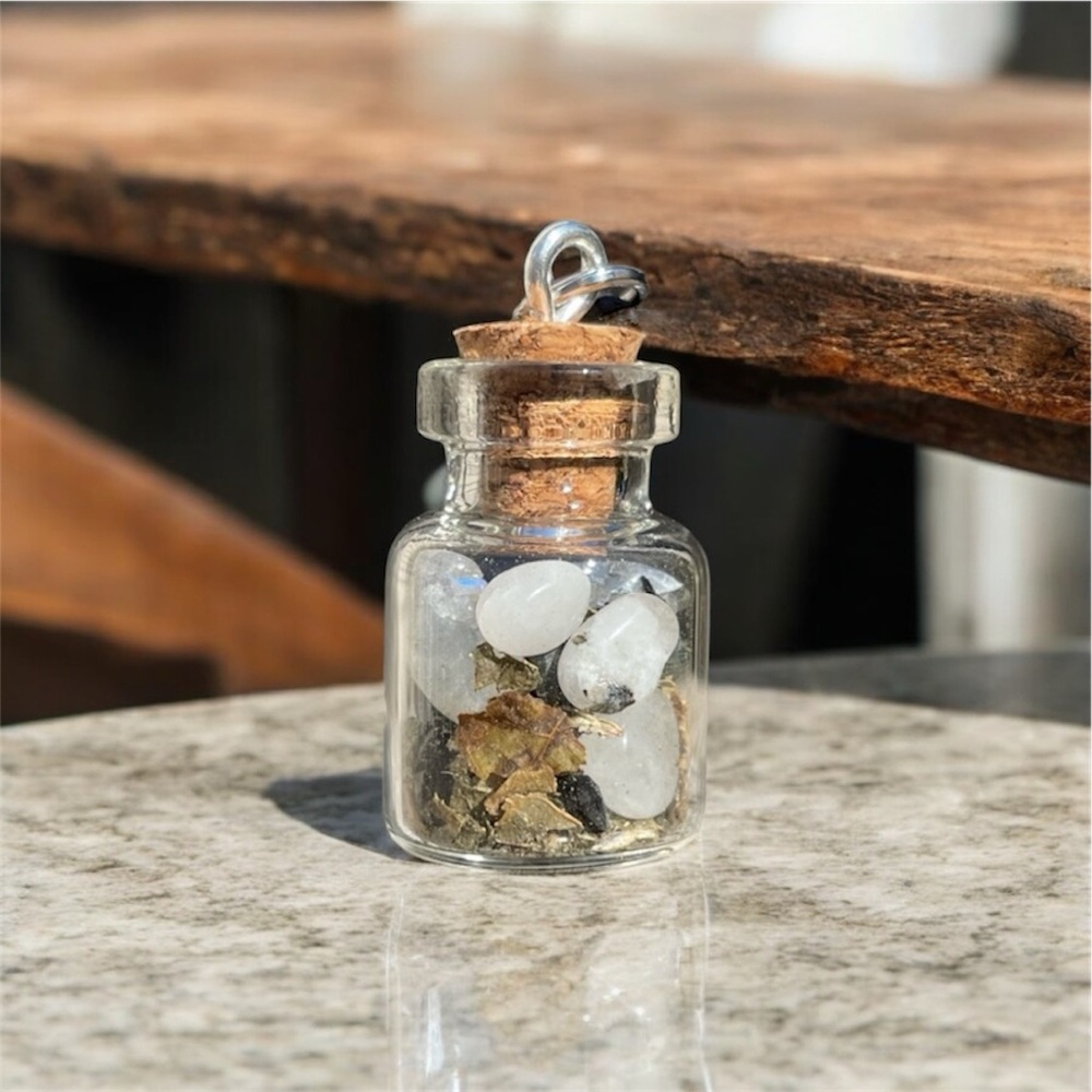 Moonstone + Green Tourmaline + Witch Hazel Bottle Pendant | Crystal Necklace